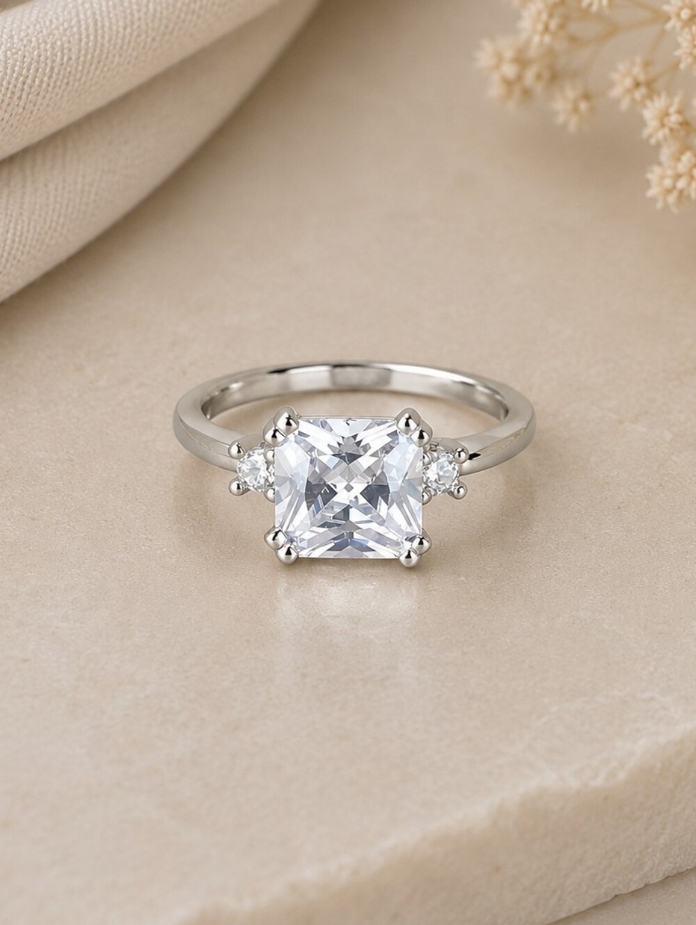 Silver Princess-Cut Cubic Zirconia Ring With Accent Stones
